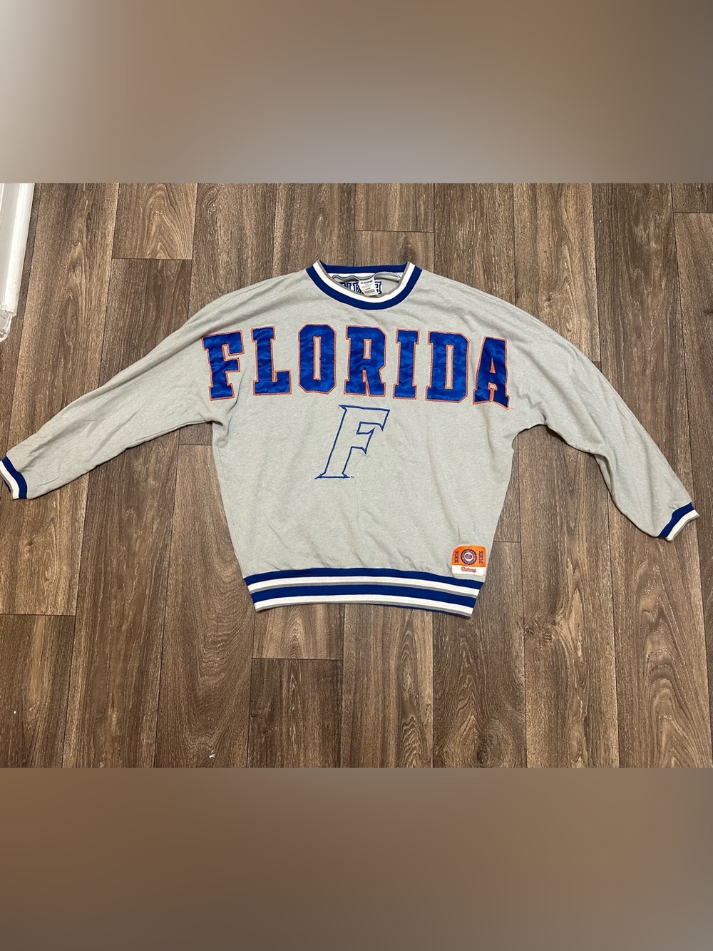PINK Victoria's Secret Gray Florida Crewneck Sweater with Blue & Orange Trim